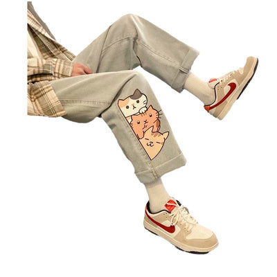 Jeans Rectos Sueltos para Hombre con Estampado Gatito - Image 5