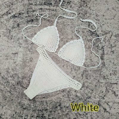 White 3-piece handmade crochet bikini set with triangle top, high-cut bottoms, and fringed mesh beach skirt. - Image 10