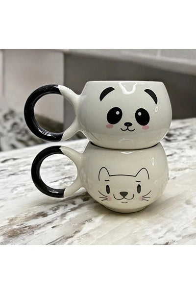Set de 2 Tazas de Cerámica Artesanal con Diseño Adorable Panda y Gato