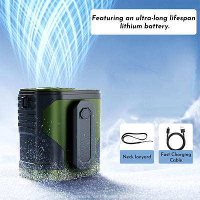 Green and black portable rechargeable mini fan with a clip, shown with a neck lanyard and fast charging cable. - Image 6