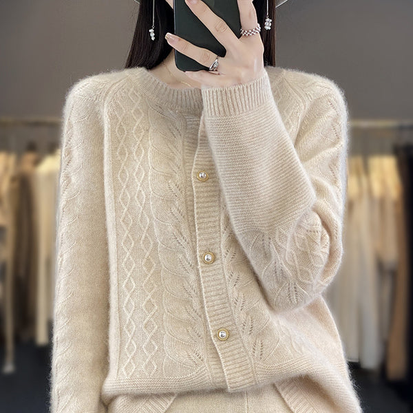 Cardigan de Lana Pura Cuello Redondo Mujer Manga Larga Casual