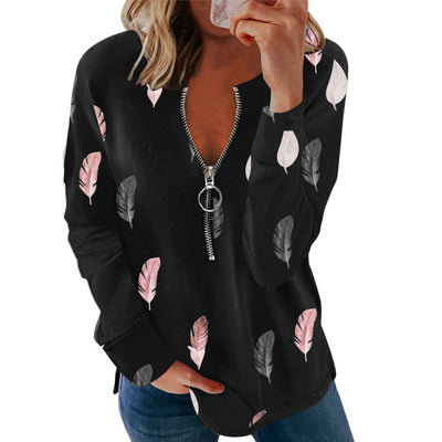 Blusa Holgada con Cremallera y Estampado de Plumas para Mujer - Image 3