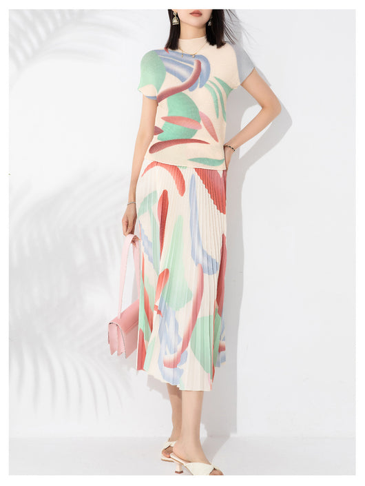 Conjunto de Dos Piezas Elegante con Blusa Plisada y Falda Estampada - Image 8