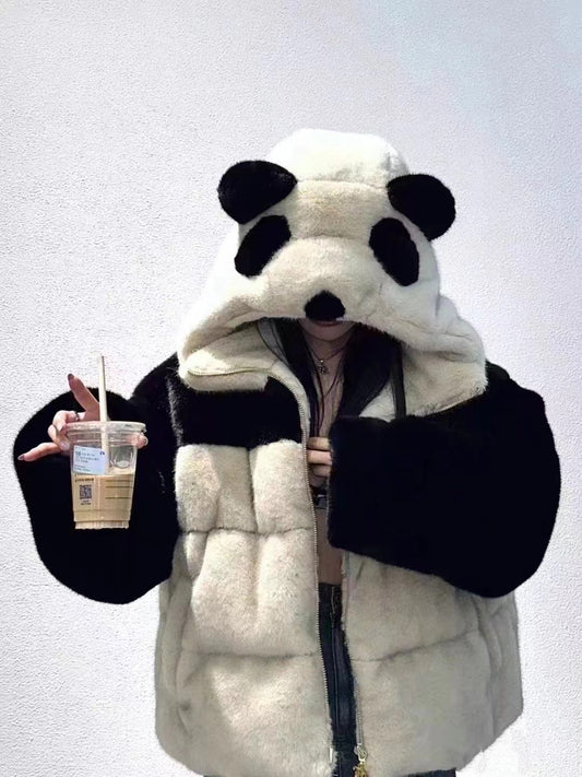 Chaqueta Acolchada Vintage Panda Suelta con Capucha para Mujer - Image 2
