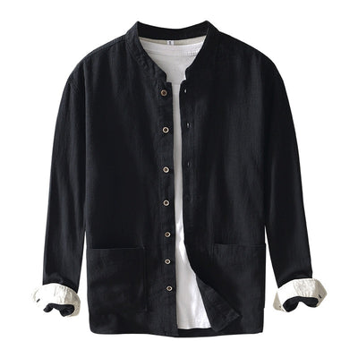 Camisa Lino Cuello Mao Manga Larga Transpirable Estilo Asiático para Hombre - Image 5