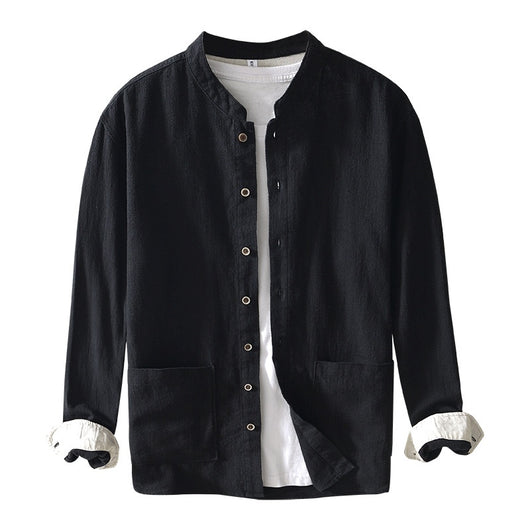 Camisa Lino Cuello Mao Manga Larga Transpirable Estilo Asiático para Hombre - Image 5