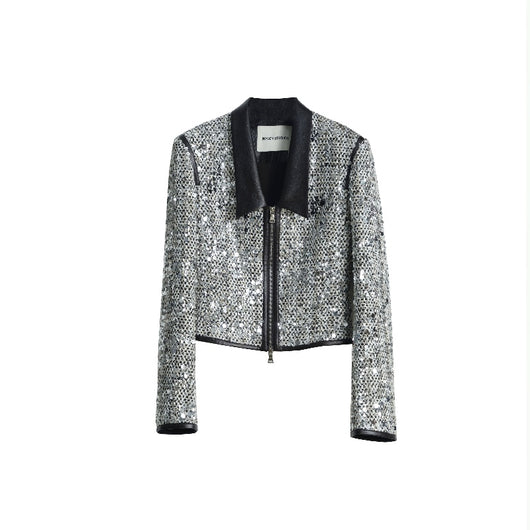 Chaqueta Corta Urbana Retro Moderna con Lentejuelas y Cuello Bajo - Image 6