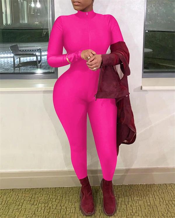 Jumpsuit Ajustado de Manga Larga con Cierre Frontal
