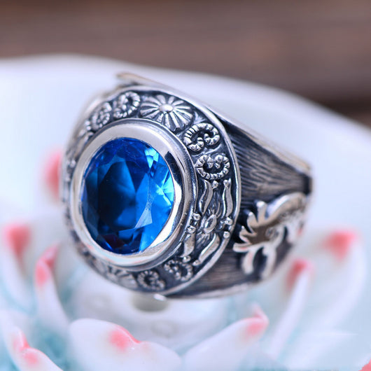 Anillo de Plata 925 Personalizado con Cristal Azul - Diseño Tótem Dominante para Hombre
