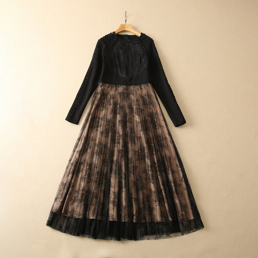 Vestido Largo de Manga Larga con Encaje, Recortes y Malla Tejida