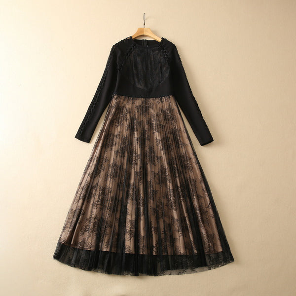 Vestido Largo de Manga Larga con Encaje, Recortes y Malla Tejida