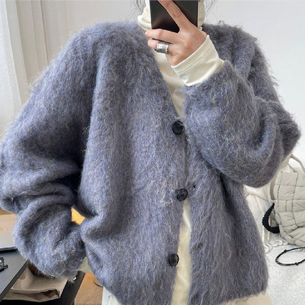 Cardigan Suelto de Lana Suave con Cuello en V - Tejido Cálido y Acogedor
