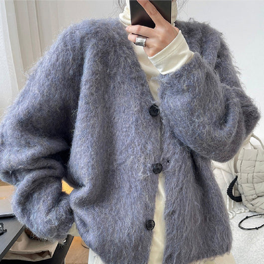 Cardigan Suelto de Lana Suave con Cuello en V - Tejido Cálido y Acogedor