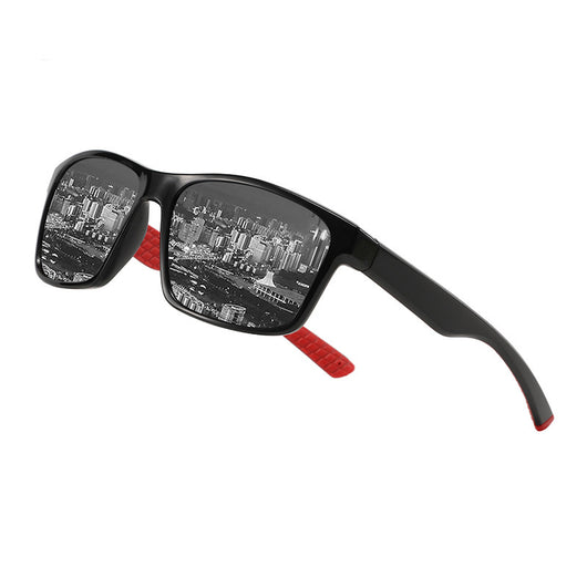 Black and blue polarized sports sunglasses with rectangular frames and blue mirrored lenses reflecting snowy mountains. - Image 9