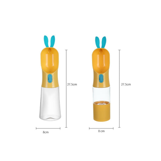 Grey and white portable pet water bottle with clear reservoir, built-in drinking bowl, and decorative bunny ears. - Image 10