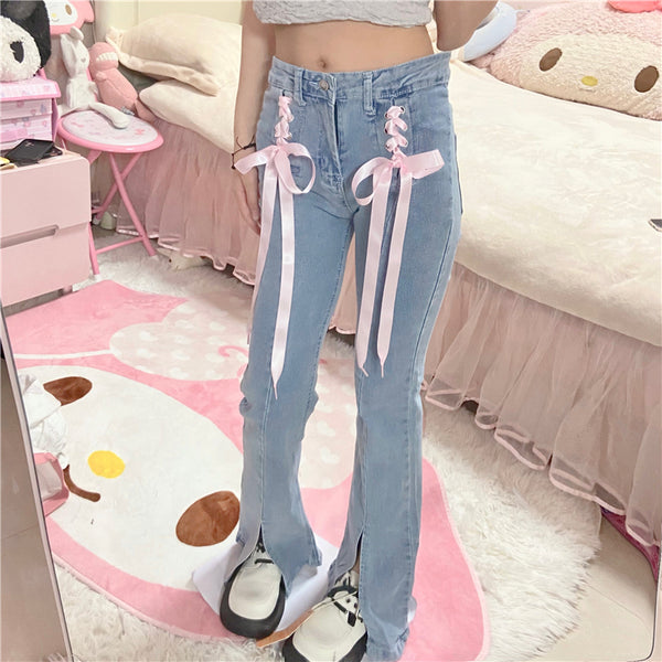 Jeans Talle Alto Ajustado con Cordones de Moda para Mujer