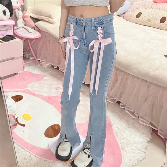 Women's Fashion High-Waisted Skinny Lace-Up Jeans