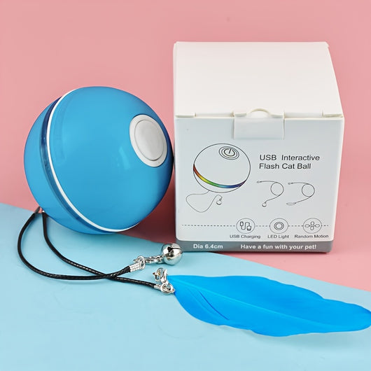 White electric interactive cat toy ball with LED light and feather attachment, shown with its white packaging box. - Image 2