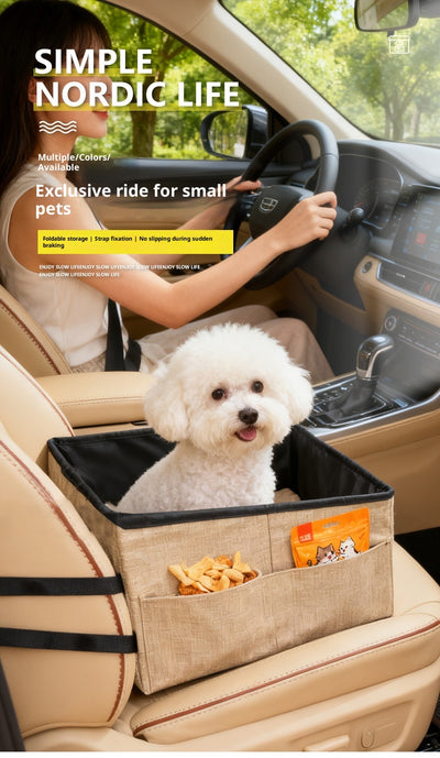 Beige pet car seat with a small white dog inside, secured to a car's passenger seat, designed for safe travel. - Image 18