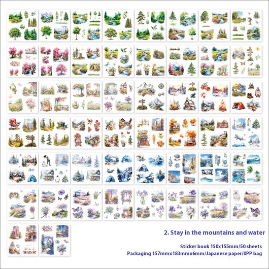 Retro Japanese paper sticker book with 50 sheets of watercolor-style daily life, house, garden, and cafe themed stickers. - Image 4