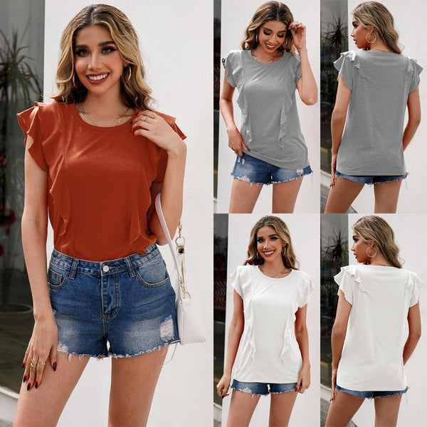 Blusa Suelta Casual con Cuello Redondo y Volantes de Color Sólido