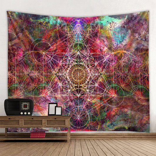 Vibrant multicolored tapestry with a geometric sacred geometry pattern, including Metatron's Cube and Flower of Life, above a bed. - Image 6