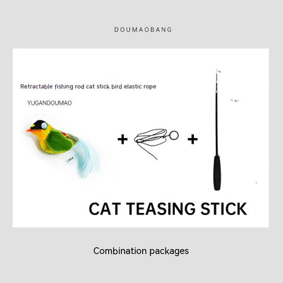 Red plush bird cat toy on a long steel wire stick with an elastic rope, designed for interactive pet play. - Image 20