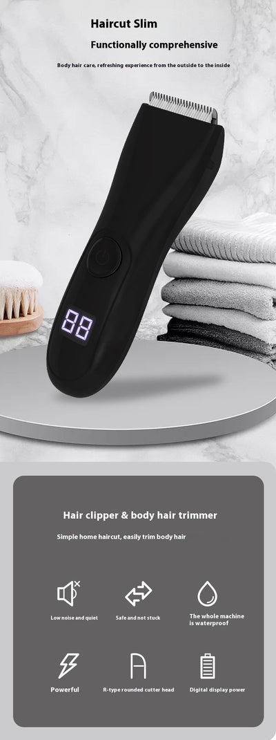 Black digital display electric trimmer with two guide combs, a charging cable, and a cleaning brush. - Image 7