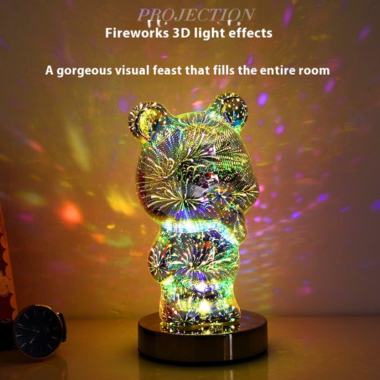 Lámpara LED 3D Fuegos Artificiales Multicolor con Osito USB para Mesita de Noche