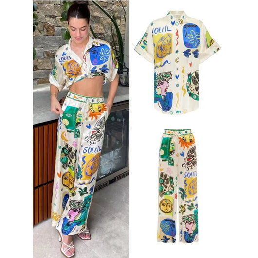Conjunto de Blusa Satinada con Estampado Graffiti para Mujer - Image 2