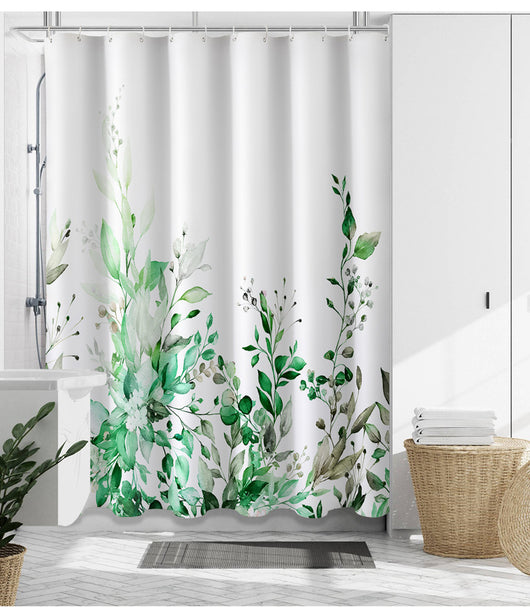 White shower curtain with a vibrant green botanical leaf print, hanging in a bright, modern bathroom. - Image 13