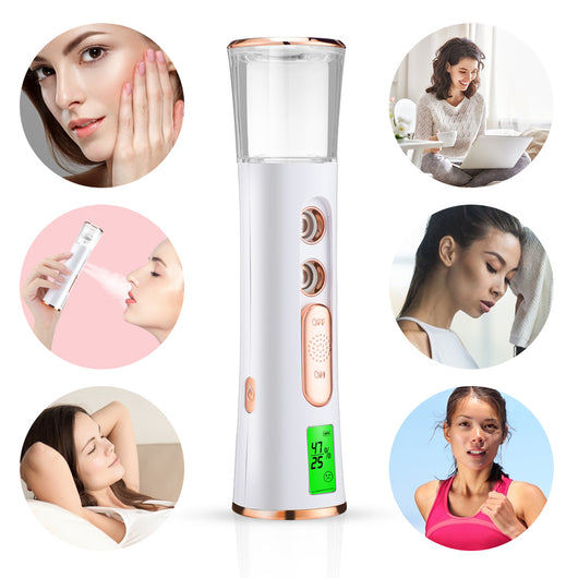 White and rose gold double-spraying nano mist sprayer with a clear reservoir, next to its product box and USB cable. - Image 4