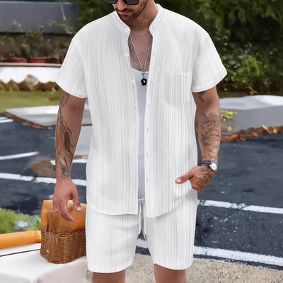 Conjunto Casual de 2 Piezas: Camisa Cuello Parado y Shorts para Hombre