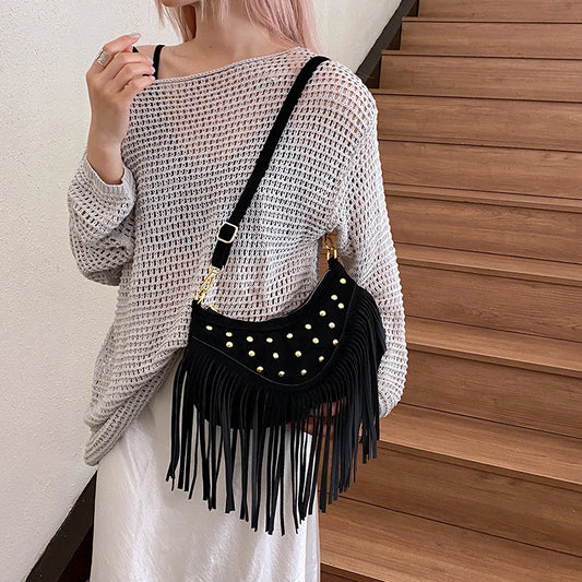 Bolsa Mensajera Retro Casual con Flecos y Remaches de Gran Capacidad