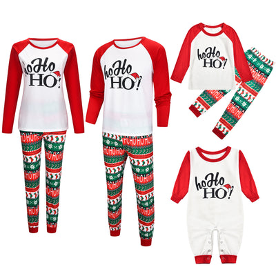 White and red Christmas pajama set with "Ho Ho HO!" text and fair isle patterned pants.