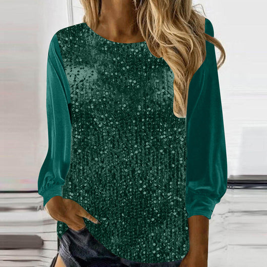 Blusa Suéter Holgada con Lentejuelas y Cuello Redondo - Manga Larga Casual - Image 24