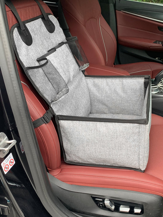 Gray portable car pet mat with multiple pockets, designed for household use and dirt resistance. - Image 13