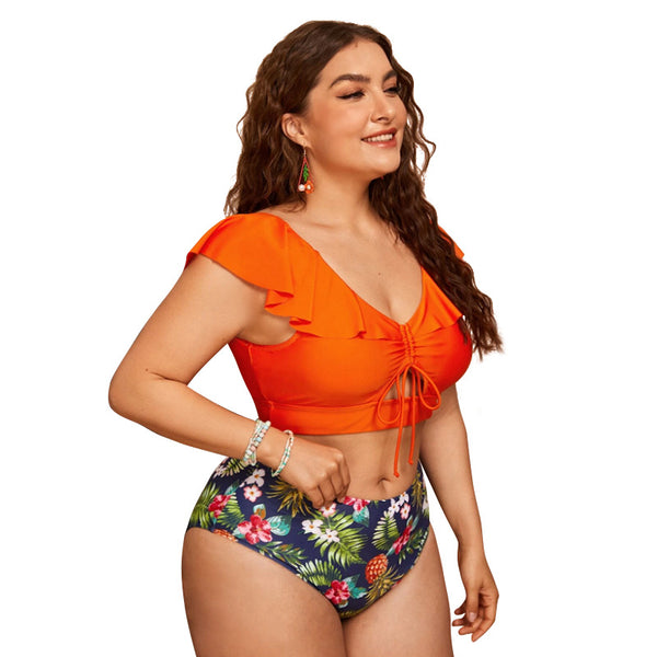 Traje de Baño Estampado con Cintura Alta, Volantes y Abertura Lateral