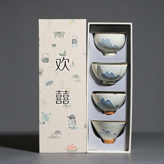 Taza Kung Fu de Porcelana Pintada a Mano - Paisaje Tradicional Gris