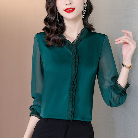 Blusa Elegante de Chifón Liso con Manga Larga para Mujer - Image 4