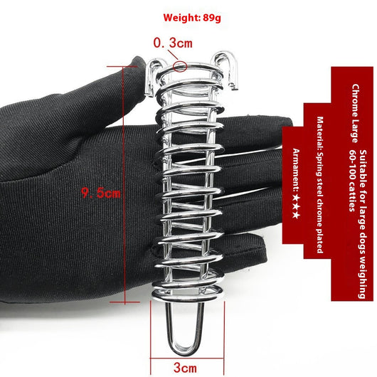 Silver metal compression spring with hooks, packaged in a clear plastic bag, for dog chains or pet leashes. - Image 5