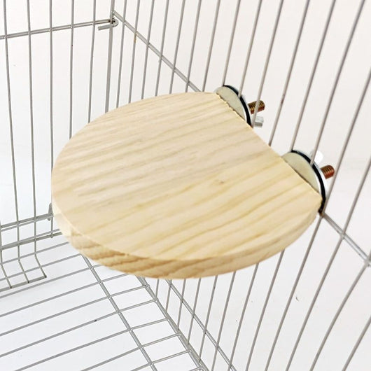 Semicircular solid wood bird cage platform with metal wingnut fasteners, designed for perching and playing. - Image 8