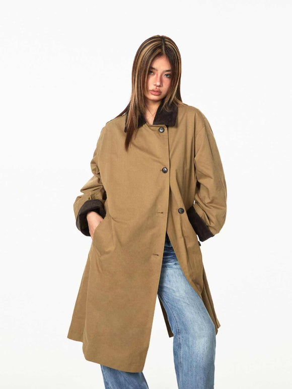 Abrigo Trench Casual Holgado con Contraste de Colores y Solapas