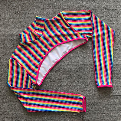 Three-piece rainbow striped bikini suit with triangle top, thong bottom, and long-sleeved cropped cover-up. - Image 12