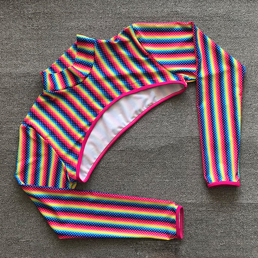 Three-piece rainbow striped bikini suit with triangle top, thong bottom, and long-sleeved cropped cover-up. - Image 12