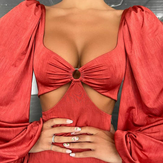 Vestido de Mujer con Mangas Linterna y Anillo Colgante en Color Sólido - Image 9