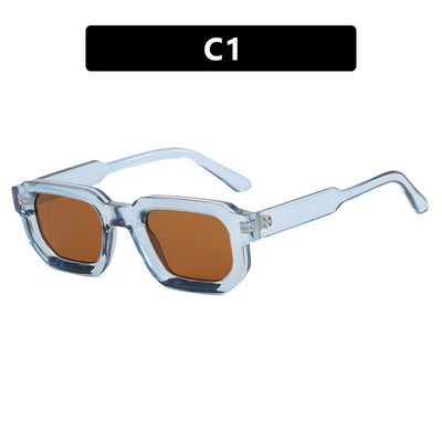 Black square-frame sunglasses with thick, angular frames and dark blue lenses, shown on a white background. - Image 6