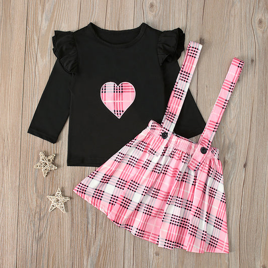 Conjunto Infantil Blusa Cuadrille Manga Larga con Falda Tipo Peto