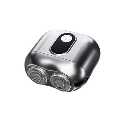 Silver mini electric shaver with a double-headed rotary design and a black power button on top. - Image 7