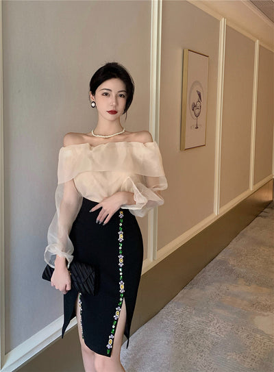Conjunto Elegante: Blusa Plisada de Manga Larga y Falda de Gasa - Image 8